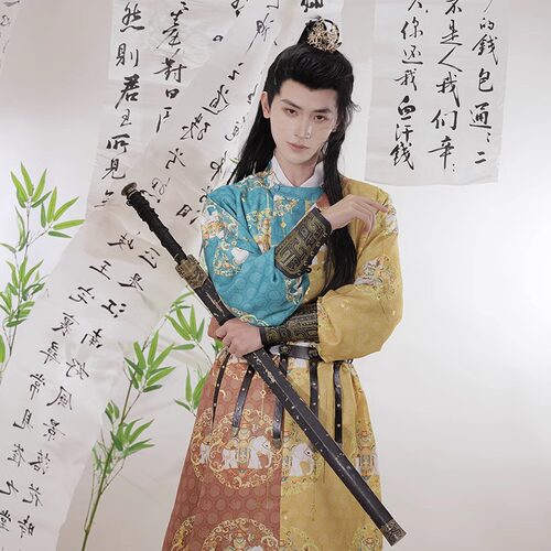 2026新款原创汉服男款拼色敦煌唐圆领烫金印花中国风侠客帅气武侠