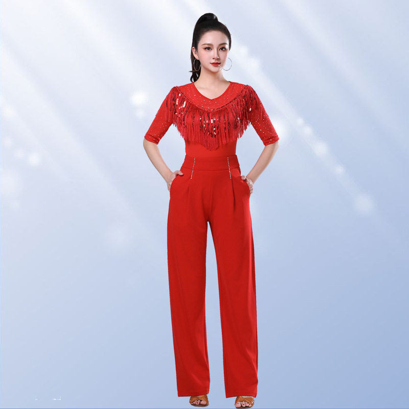 2026新款春夏吉特巴上衣女中袖广场舞服装女三步彩流苏圆领黑色舞