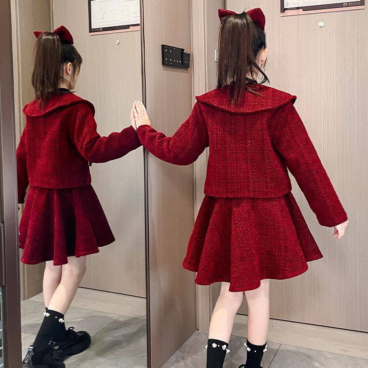 2025新款女童半身裙套装冬季儿童宝宝年服小香风外套短裙新年