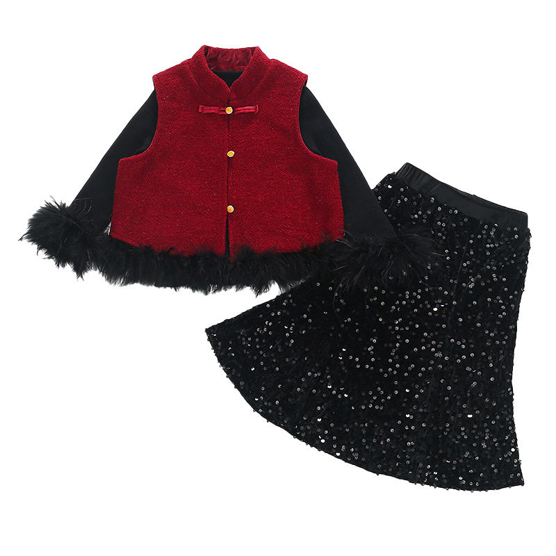 2026新款女童年服套装冬装儿童亮片新中式马甲打底衫半身裙三
