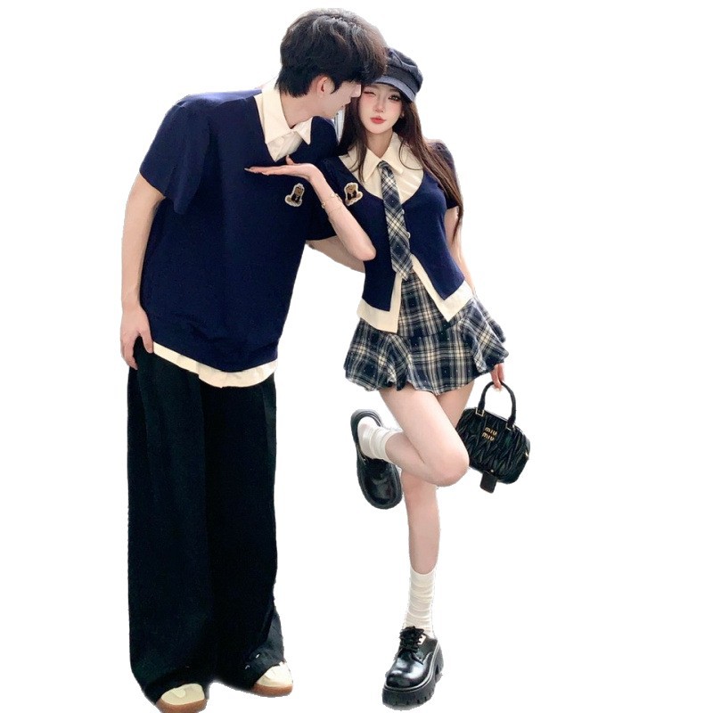 2026新款夏季美式学院风jk制服辣妹衬衫格子半身裙套装情侣装高