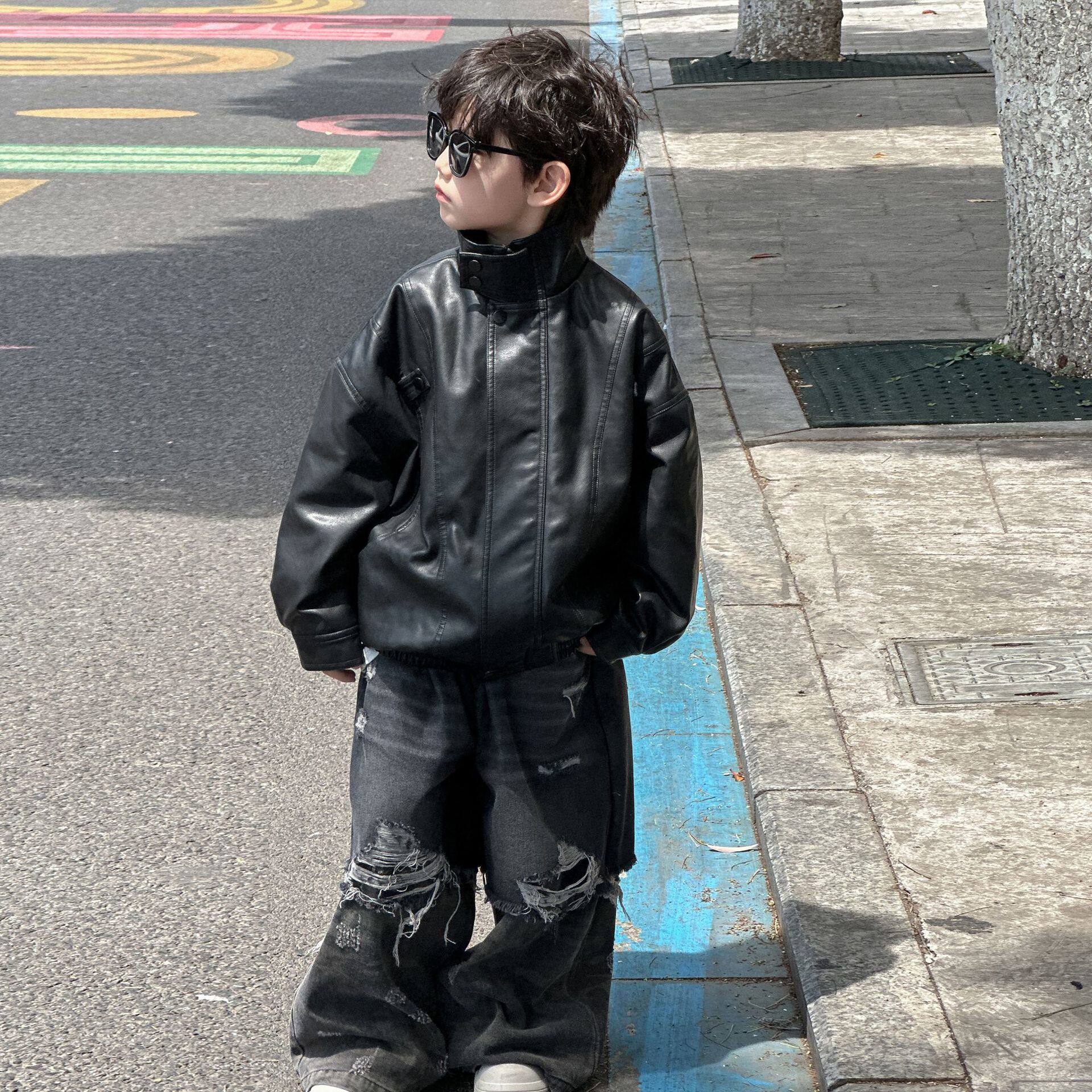 2025新款男童复古软皮衣外套秋季儿童美式飞行员夹克痞帅上衣