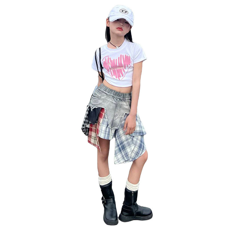 2026新款女童夏季拼接牛仔裤裙洋气爱心镂空短袖时髦夏装两