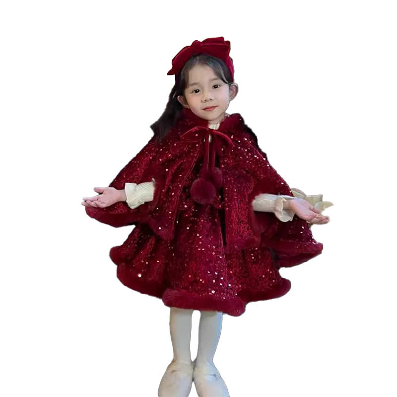 2025新款圣诞公主裙女童红色亮片加绒背心礼服裙斗篷帽两件套
