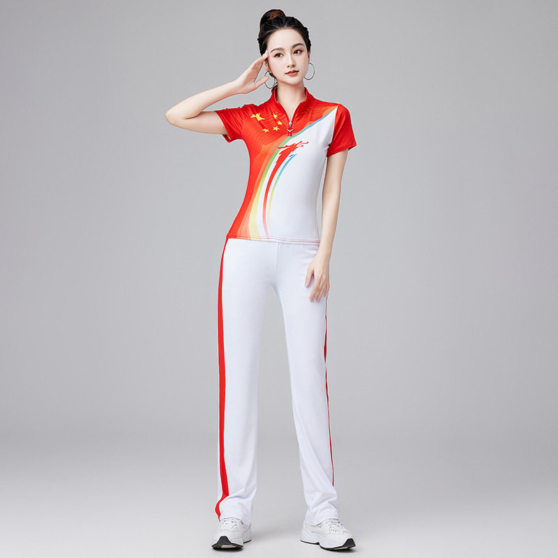 2026新款秋季杨丽萍广场舞运动套装中国红国庆跳操团体表演服装演