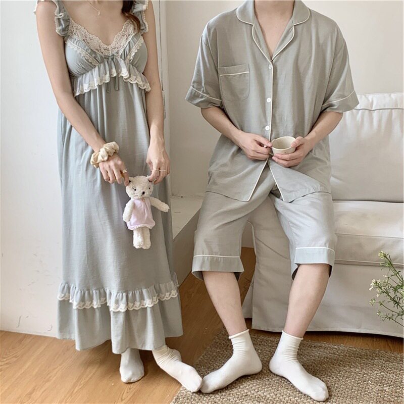 2026新款韩版甜美宫廷风情侣套装蕾丝夏季吊带带胸垫家居服连衣裙