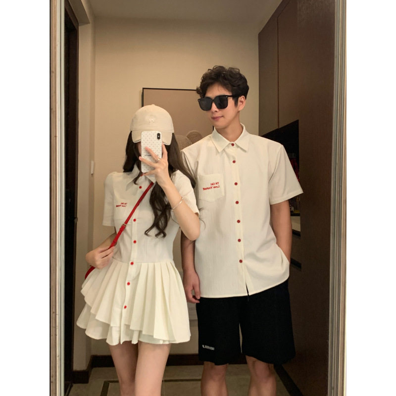 2026新款夏季情侣装休闲一衣一裙女连衣裙男短袖短袖衬衫高品质