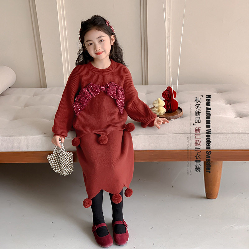 2025新款女童秋冬套装新年衣服儿童红色毛衣冬装加厚半身裙两