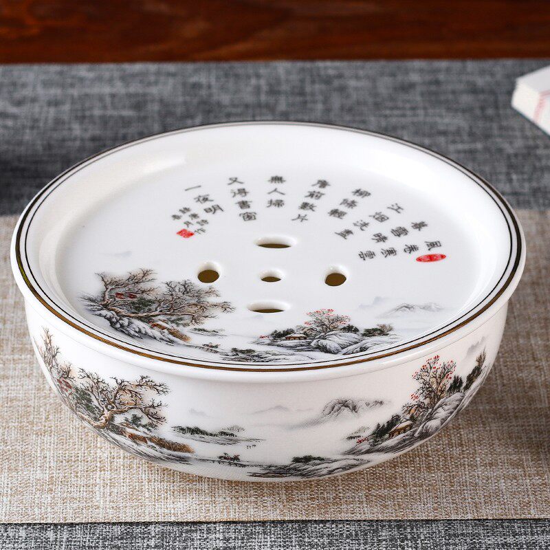 特小号功夫茶盘茶海袖珍型茶池茶船圆形青花陶瓷茶具储水式茶洗