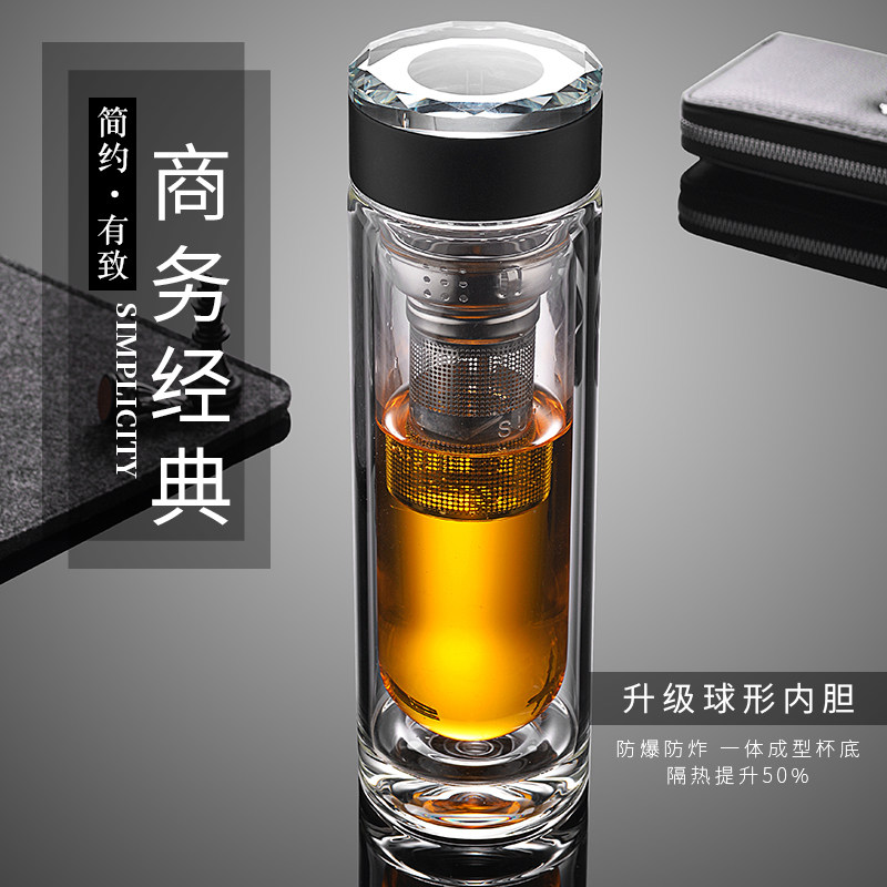 球型内胆定制新款水晶双层玻璃杯男高档茶杯水杯商务隔热泡茶透明