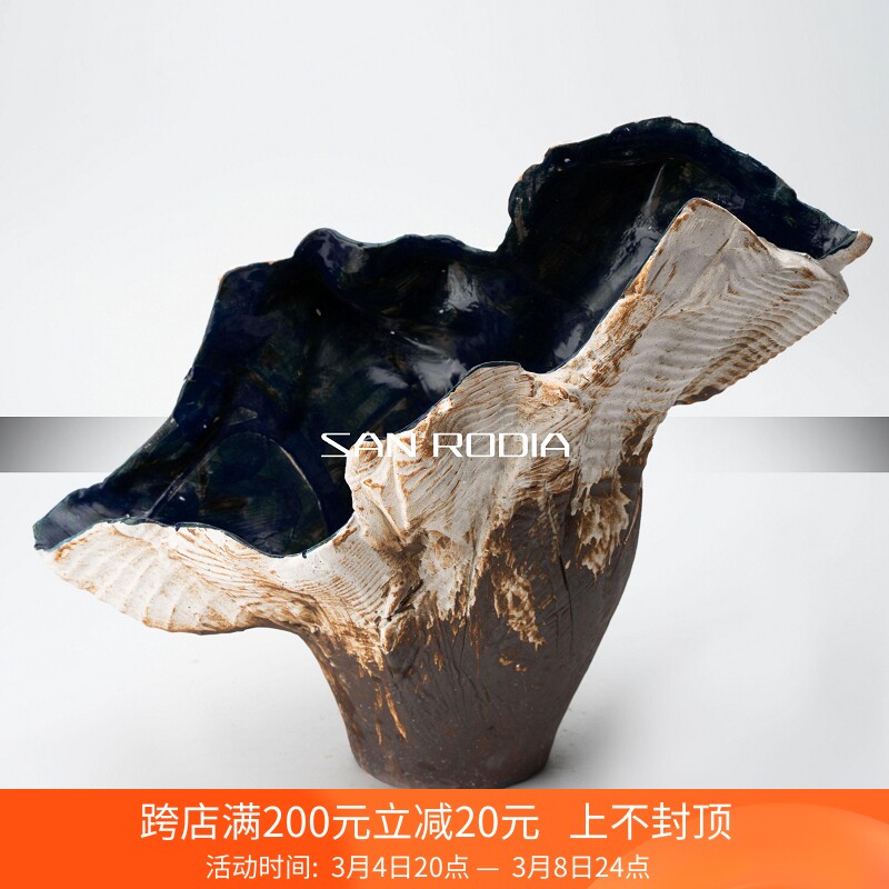 侘寂风不规则大口径手工陶瓷花瓶摆件样板房售楼处别墅玄关插花器