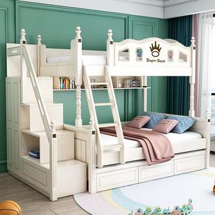 新年美式儿童实木高低床上下双层床多功能子母床梯柜拖床组合上下