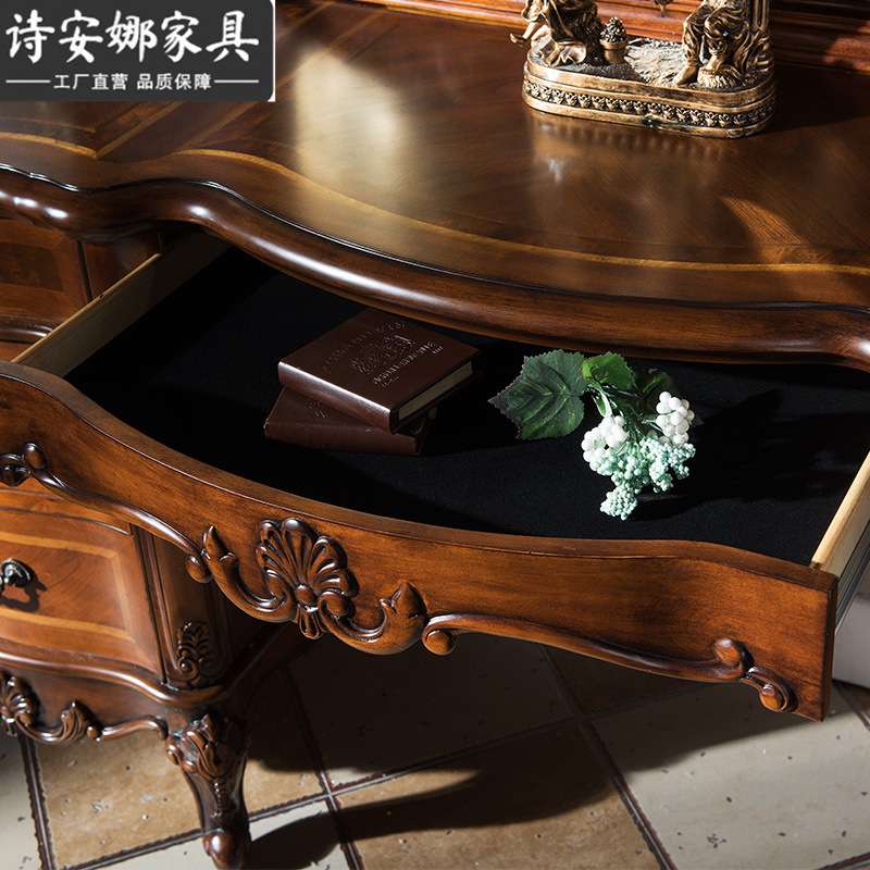 美式实木雕花梳妆台收纳柜一体欧式复古卧室化妆台桌凳子H3