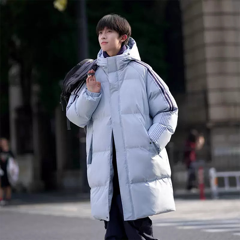 中长款羽绒棉服男冬季新款加厚保暖条纹棉衣潮牌休闲连帽棉袄外套