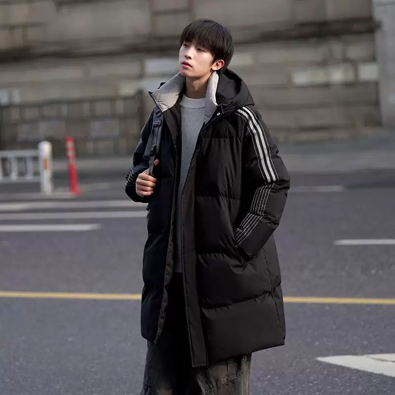 中长款羽绒棉服男冬季新款加厚保暖条纹棉衣潮牌休闲连帽棉袄外套