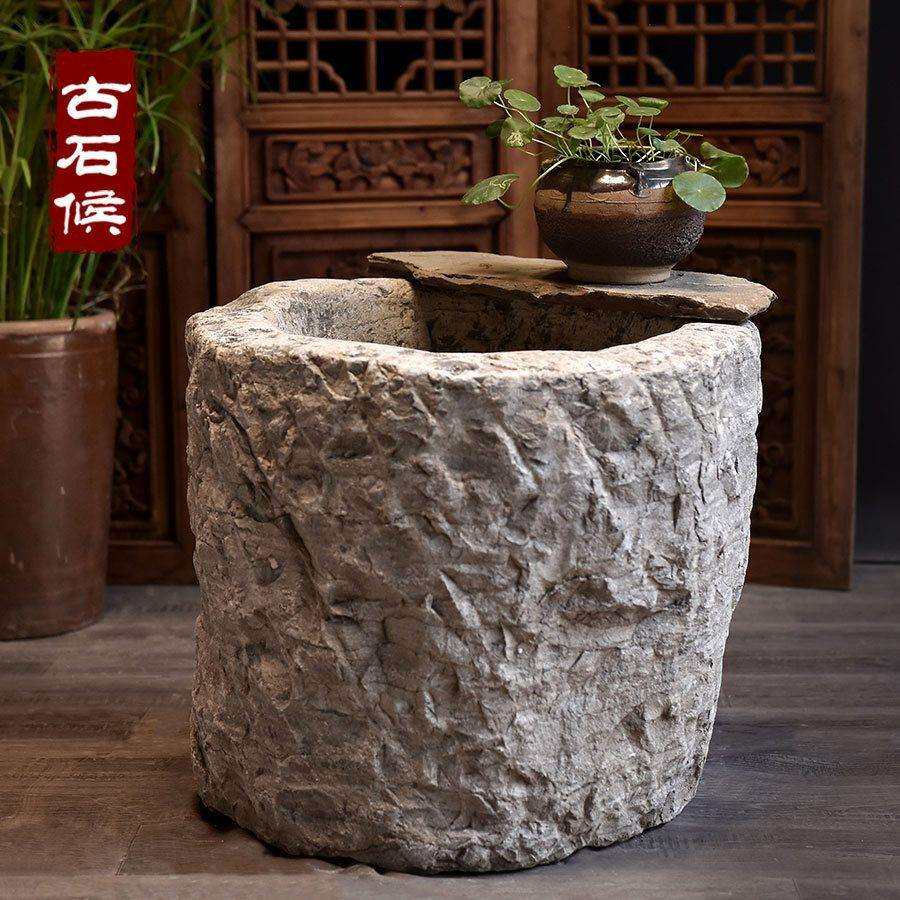 旧石器碓窝石臼家用老式捣米臼石缸石盆鱼缸花盆庭院摆件仿古装饰
