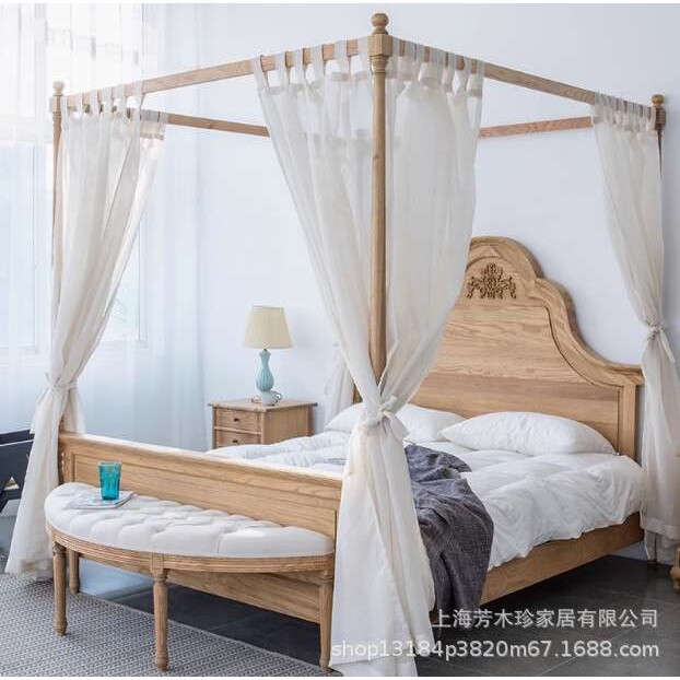 法式复古帷幔架子床美式乡村实木做旧雕花四柱床主卧双人床幔大床