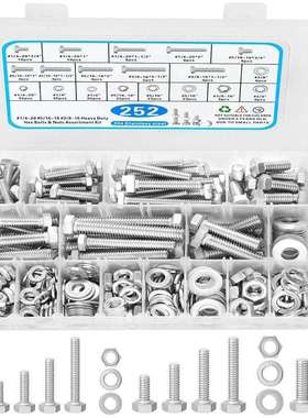 跨境252pcs英美制304不锈钢外六角螺栓螺母垫片盒装