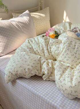 田园紫色小樱桃纯棉四件套少女心全棉被套清新三件套1.5m1.8m床单