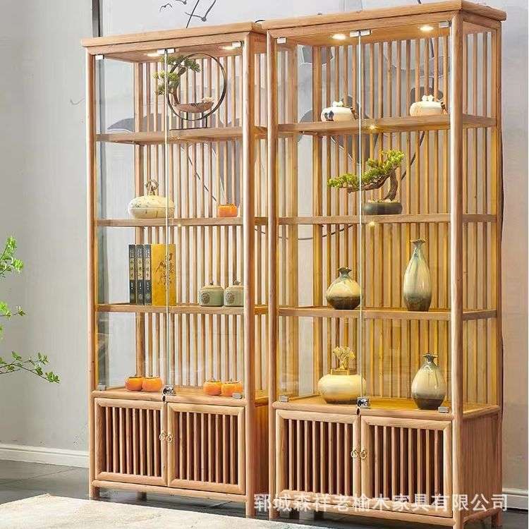 老榆木多宝阁展示柜新中式办公室茶具收纳柜榆木客厅靠墙博古架
