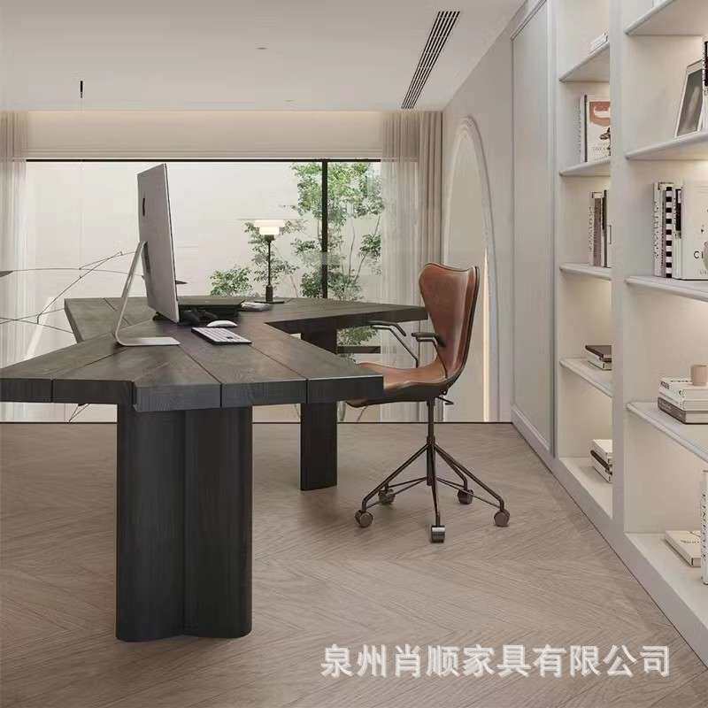 轻奢办公室实木电脑桌设计师创意老板桌异形原木书桌子黑色办公桌