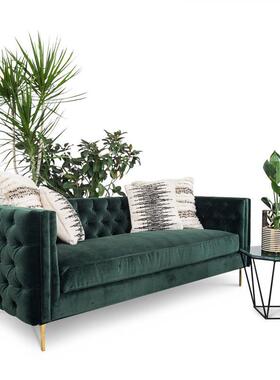 美式沙发北欧极简设计师布艺沙发轻奢华墨绿色简约三人丝绒大沙发