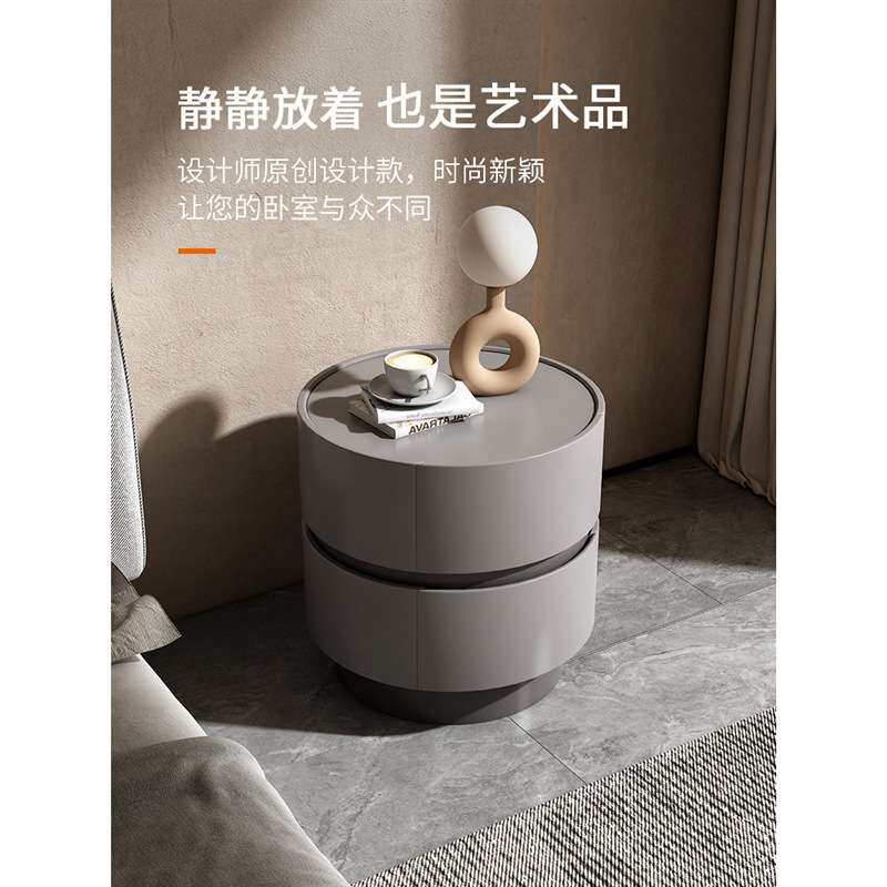 奶油风圆形床头柜小型简约现代实木网红卧室收纳柜轻奢迷你床边柜