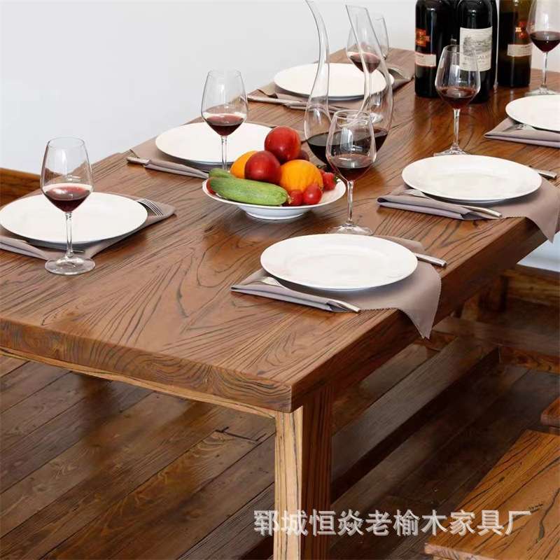 老榆木餐桌家用客厅吃饭桌长方形酒店餐厅喝茶桌长条椅组合家具