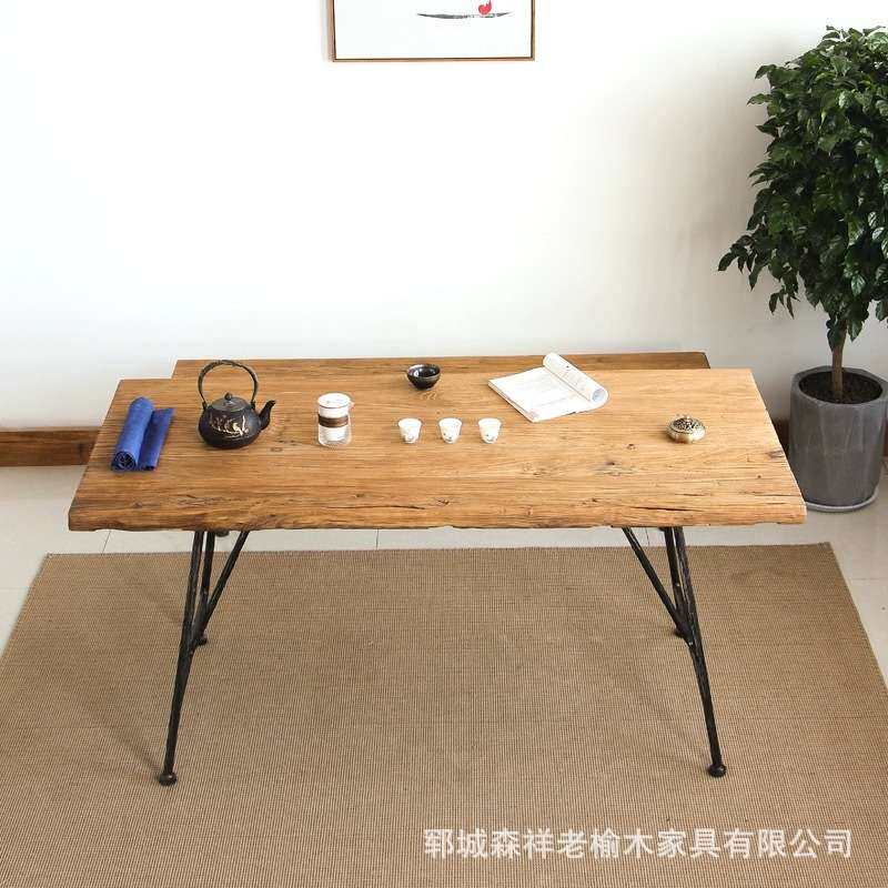 老榆木茶桌做旧大板桌铁艺客厅茶几办公室茶台禅意泡茶桌榆木家具