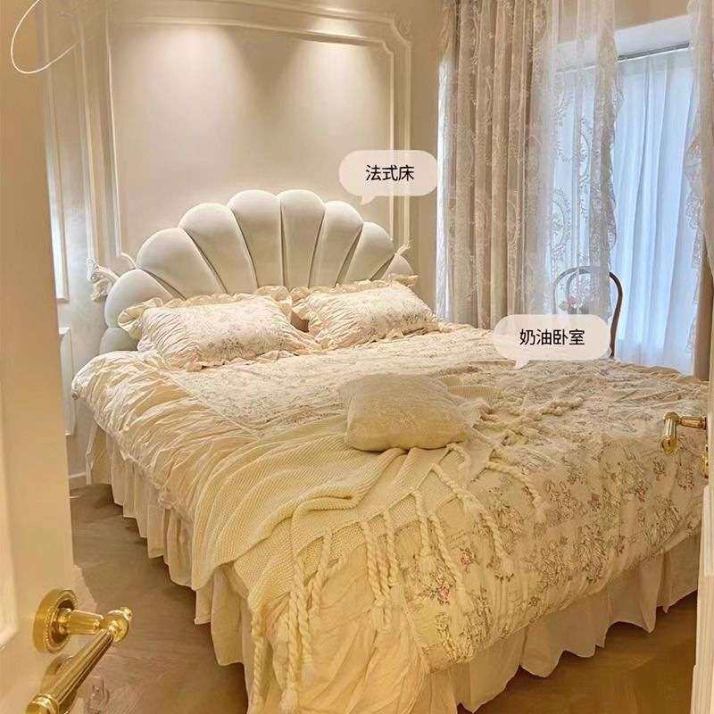 法式花瓣科技布艺床轻奢现代简约婚床奶油风主卧双人床女生卧室床
