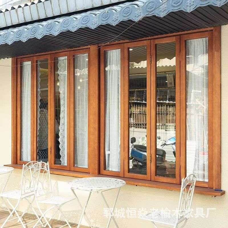 老榆木推拉窗老式左右折叠窗户实木网红甜品店复古玻璃门窗民宿窗