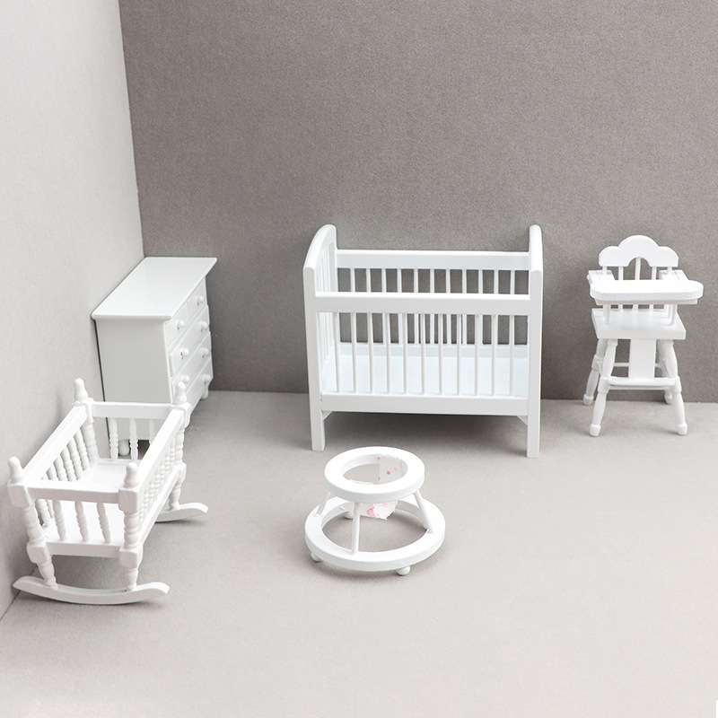 1:12娃娃屋dollhouse迷你家具微缩模型小屋儿童房场景白色5件套