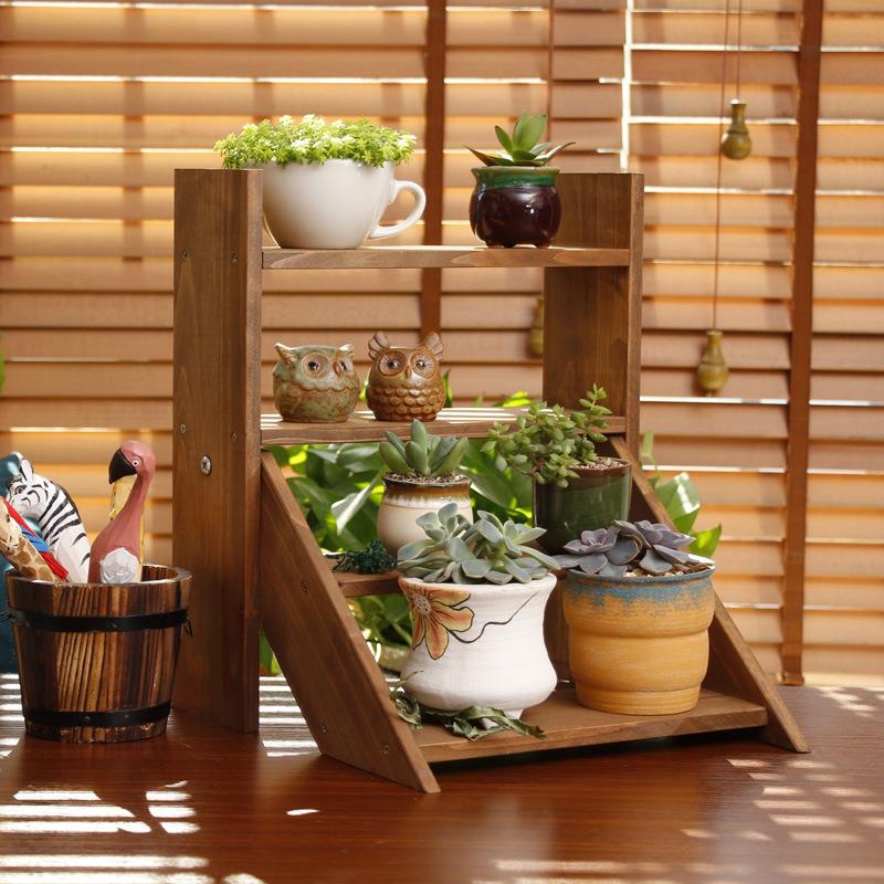 架子先生实木制桌上两层多肉花架子办公桌绿植物架迷你微景观花架