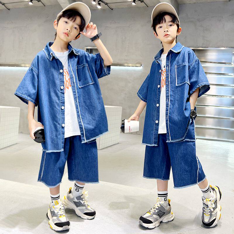 儿童装男童牛仔套装夏款帅气炸街中大童夏季薄款短袖短裤两件套潮