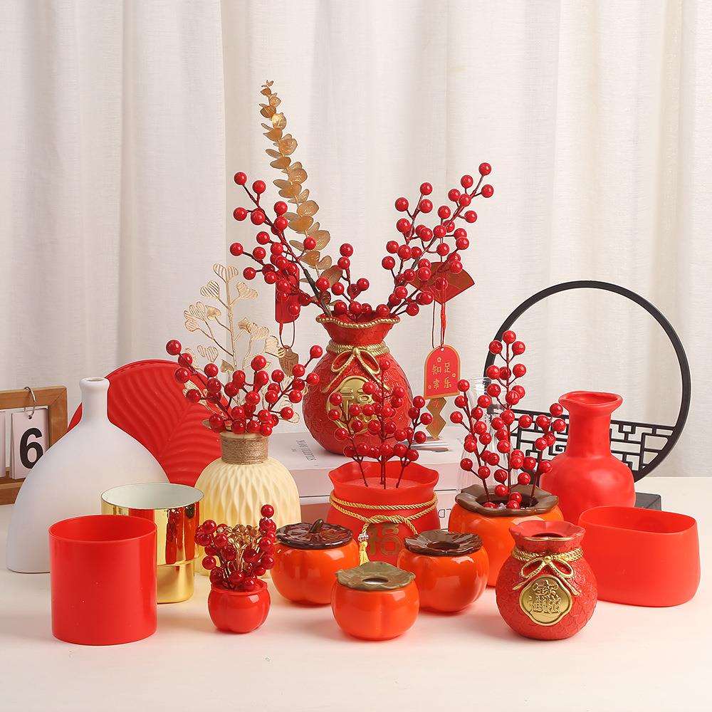 塑料花盆工厂新年喜庆仿瓷装饰花客厅摆件发财果插花婚庆柿子花盆