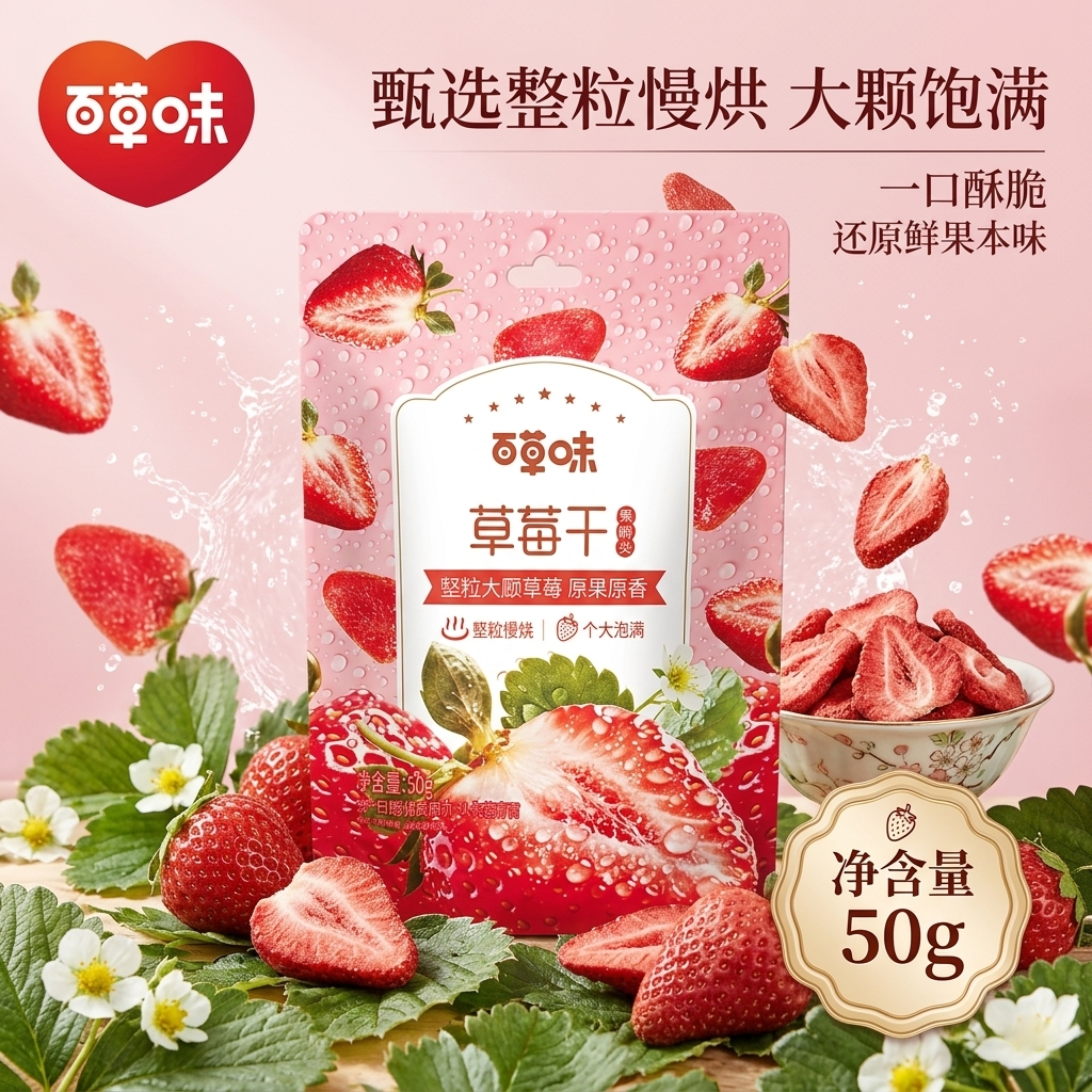 百草味草莓干50g 网红零食水果干果脯蜜饯办公室休闲小吃