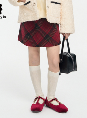 memoryin童装短裙两个小朋友复古格纹高腰A子裙松紧腰呢子半身裙