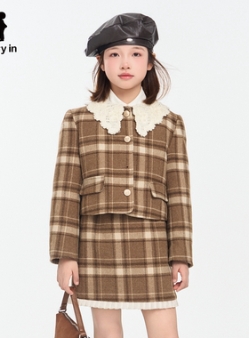 memoryin童装格纹套装蕾丝翻领毛呢开衫松紧腰短裙复古甜美两件套