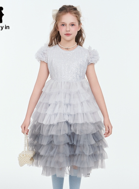 memoryin童装连衣裙两个小朋友女孩气质甜美渐变叠层网纱蛋糕裙