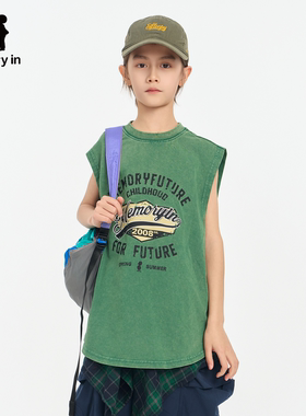 memoryin童装运动背心两个小朋友无袖宽肩复古字母印花宽松背心