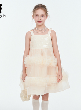 memoryin童装连衣裙两个小朋友甜美吊带木耳边叠层亮片网纱公主裙