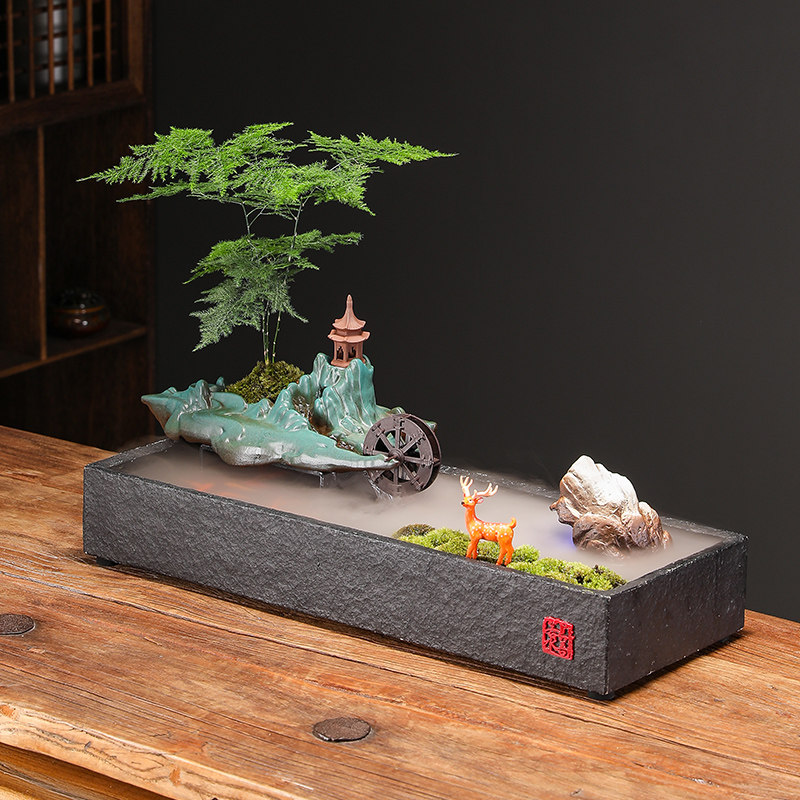 陶瓷假山流水喷泉雾化招财创意鱼缸办公室客厅茶几桌面电视柜摆件