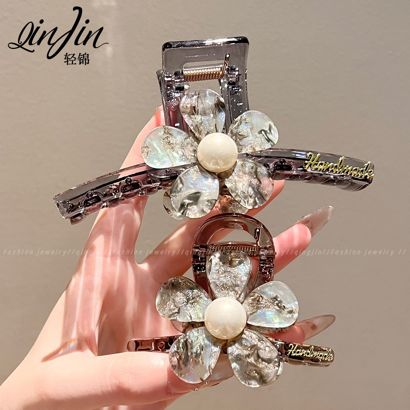 高级感醋酸花朵珍珠鲨鱼夹