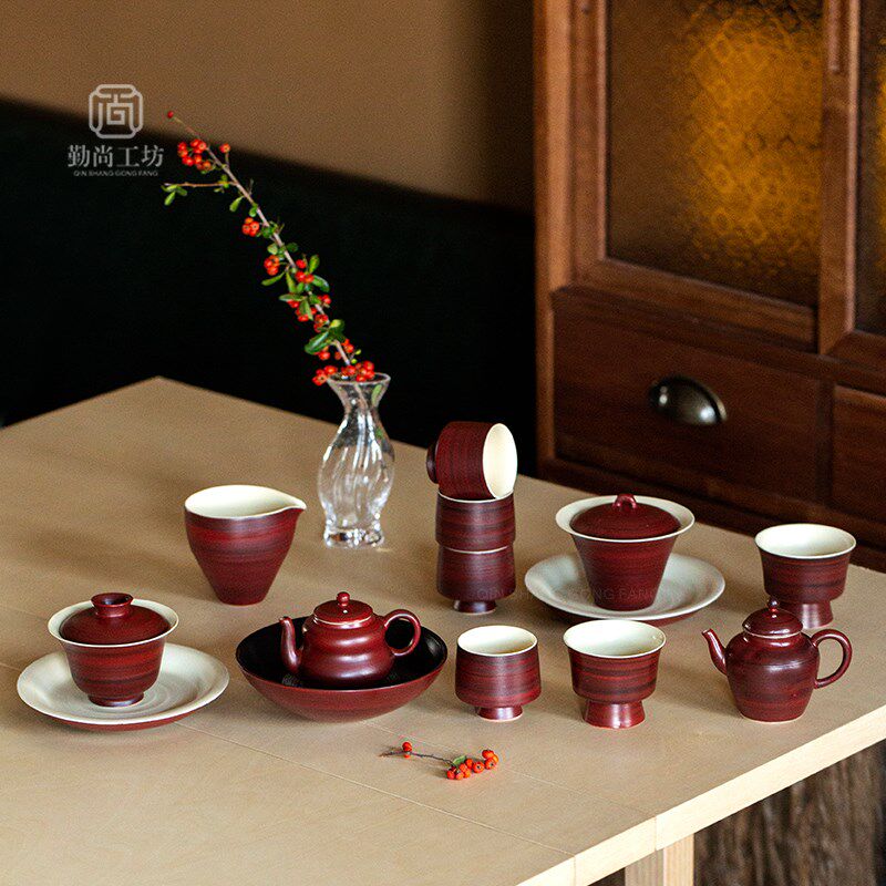 粉引山楂红手捏茶壶手工陶瓷泡茶碗壶承不烫手功夫茶具小茶壶茶杯
