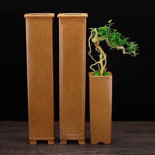 柴烧宜兴紫砂花盆高四方签筒精品陶瓷客厅摆件桌面绿植悬崖桩花盆