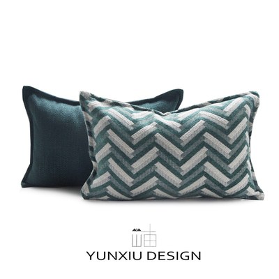 云岫家居 长方形绿色加厚棉麻腰枕样板房长枕几何沙发靠垫30*50cm