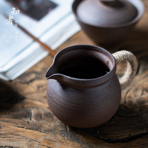原朴粗陶无釉麻绳把手公道杯 分茶汤断水利索匀杯复古茶道零配