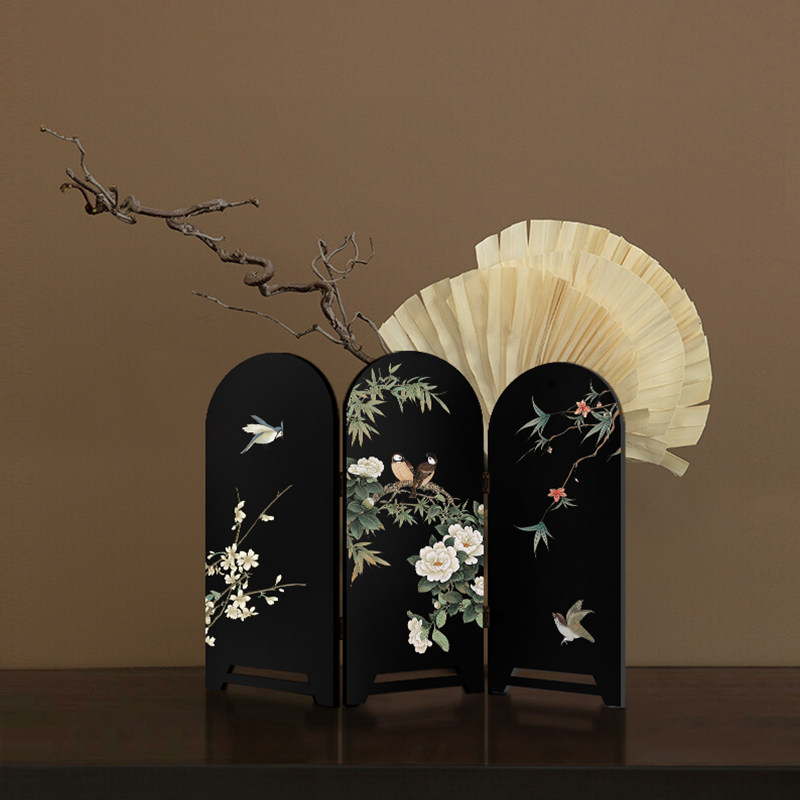 中古风花鸟装饰画法式电视柜摆件复古玄关柜边柜可折叠屏风小摆画