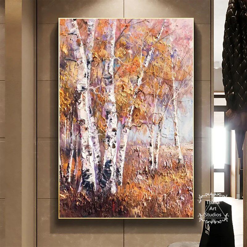 大芬村纯手绘油画抽象白桦林风景客厅装饰画玄关走廊肌理立体挂画