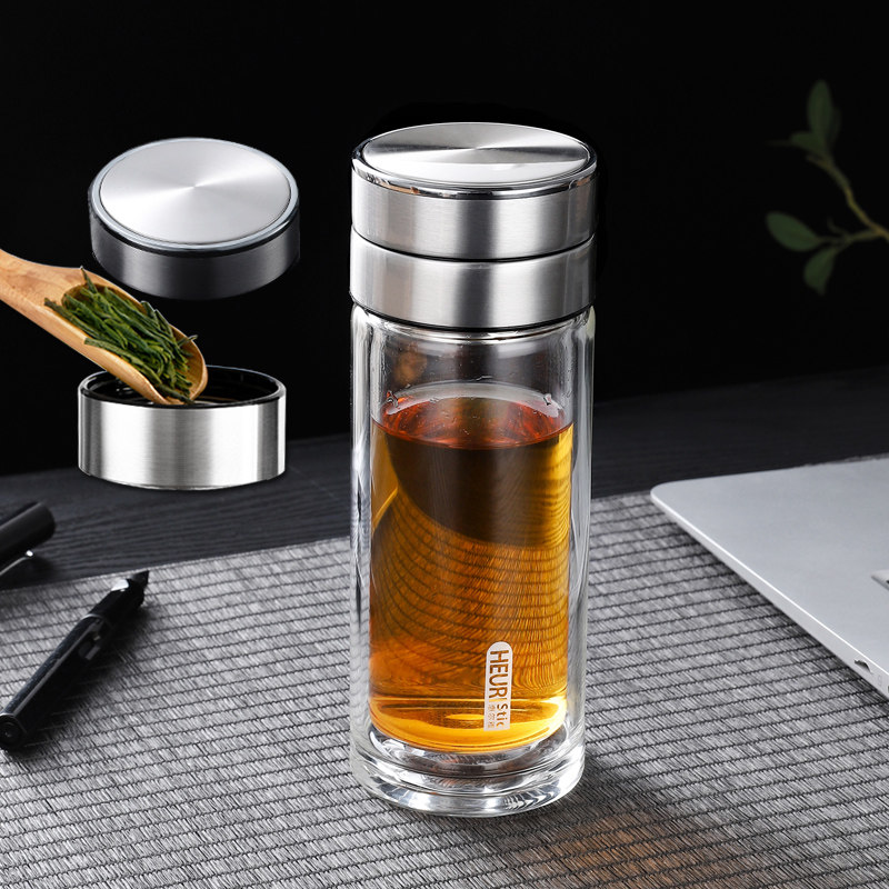 惠尔雅茶水分离杯双层加厚玻璃杯隔热过滤网透明水杯可携式泡茶杯
